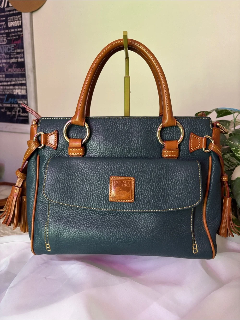 Dooney & Bourke Teal Pebbled Leather Satchel with Tan Trim